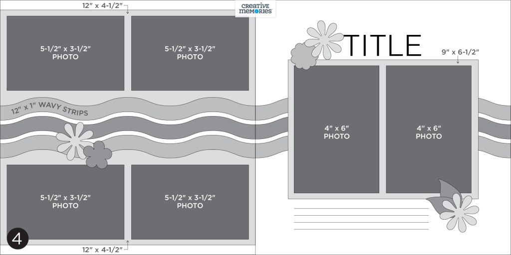 Gray tonal sketch with six photo placeholders, wavy borders, journaling and embellishments.