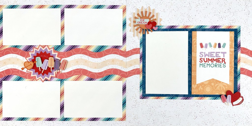 Summer-themed two-page spread with five photo placeholders, layered embellishments and a title mat.