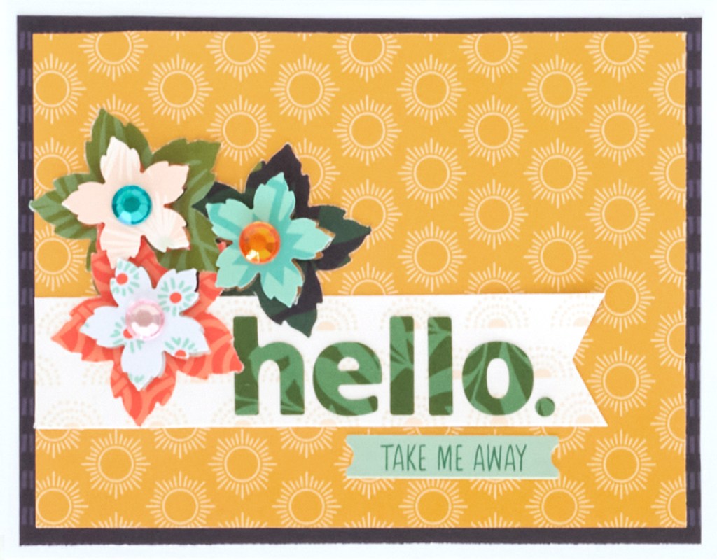 Tropic-themed greeting card with floral embellishments.