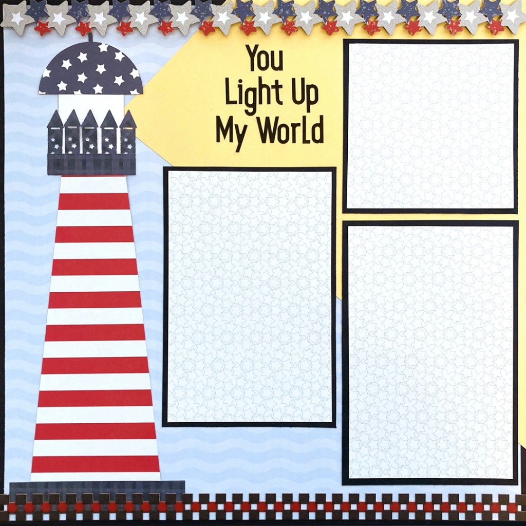 Fourth of July-themed scrapbook layout with a decorative paper lighthouse.