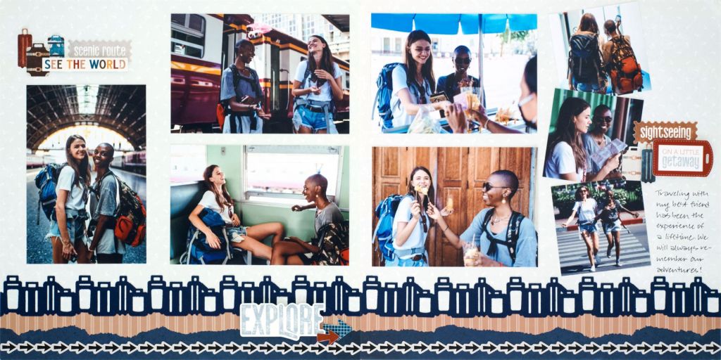 Travel-themed two-page scrapbook spread.