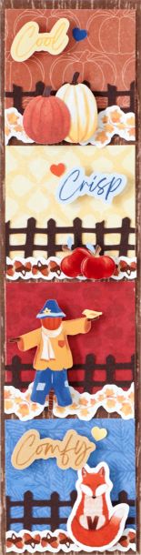 Autumn-themed scrapbooking border with fence borders, scarecrow, pumpkin, fox and title stickers.