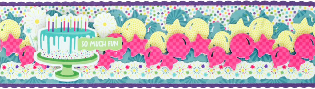 Birthday-themed scrapbooking border with a balloons and stars border and cake sticker.