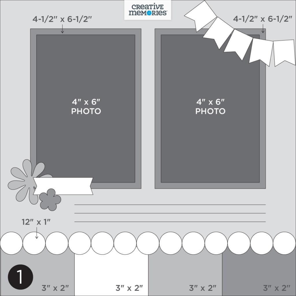 Gray one-page tonal sketch with two photo placeholders, decorative border and flags.