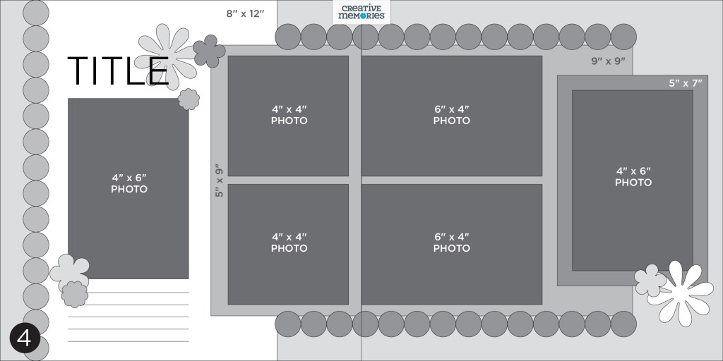 Two-page gray tonal sketch with 6 photos, title, journaling, decorative borders and embellishments.