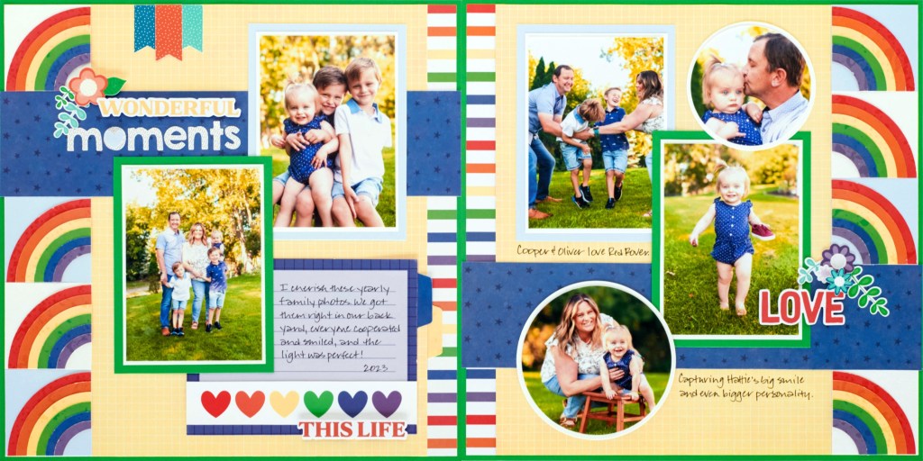 Rainbow scrapbook spread.