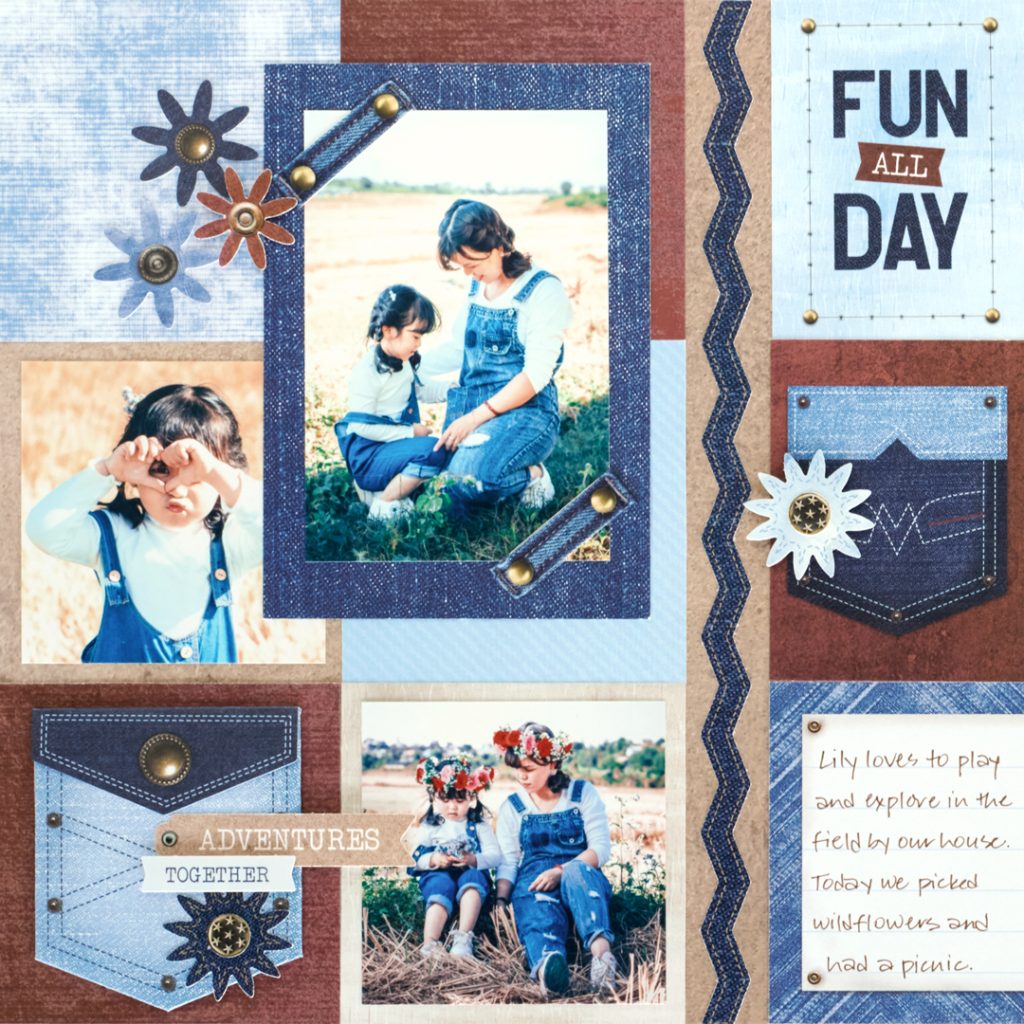 Denim-themed scrapbook layout.