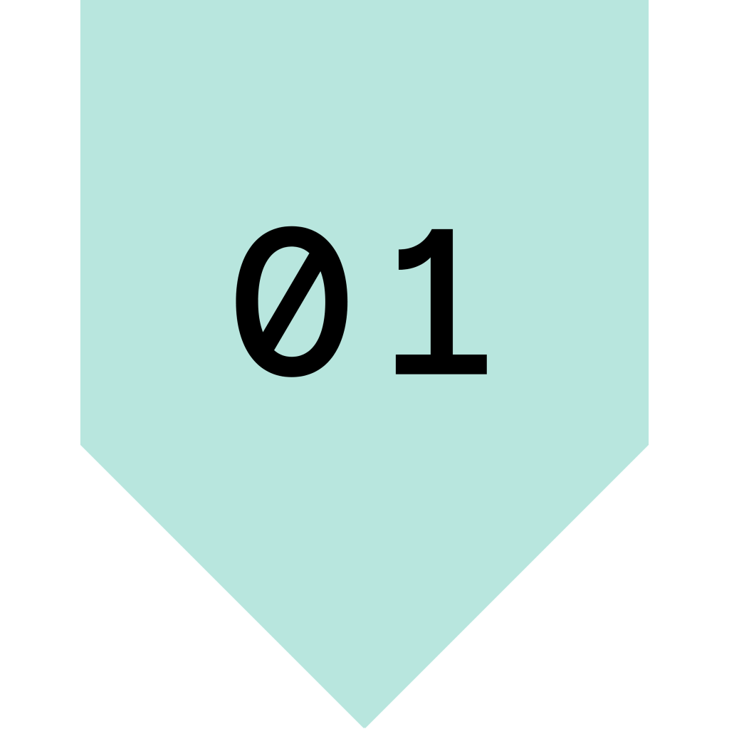 Graphic of the number 01 in black text on a light blue hexagonal background.