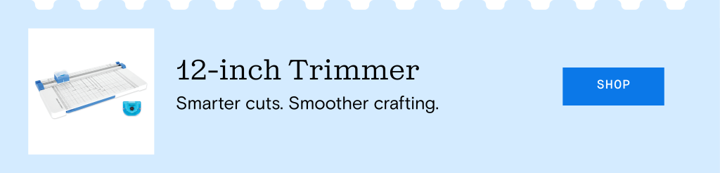 A 12-inch paper trimmer displayed on a light blue background, with the text 'Smarter cuts. Smoother crafting.' and a 'SHOP' button.