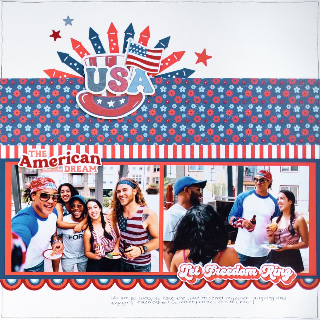 A colorful scrapbook page featuring the title 'USA' with decorative elements, including stars and fireworks. It includes two photos of friends celebrating together during summer gatherings, wearing patriotic outfits and enjoying food and drinks.