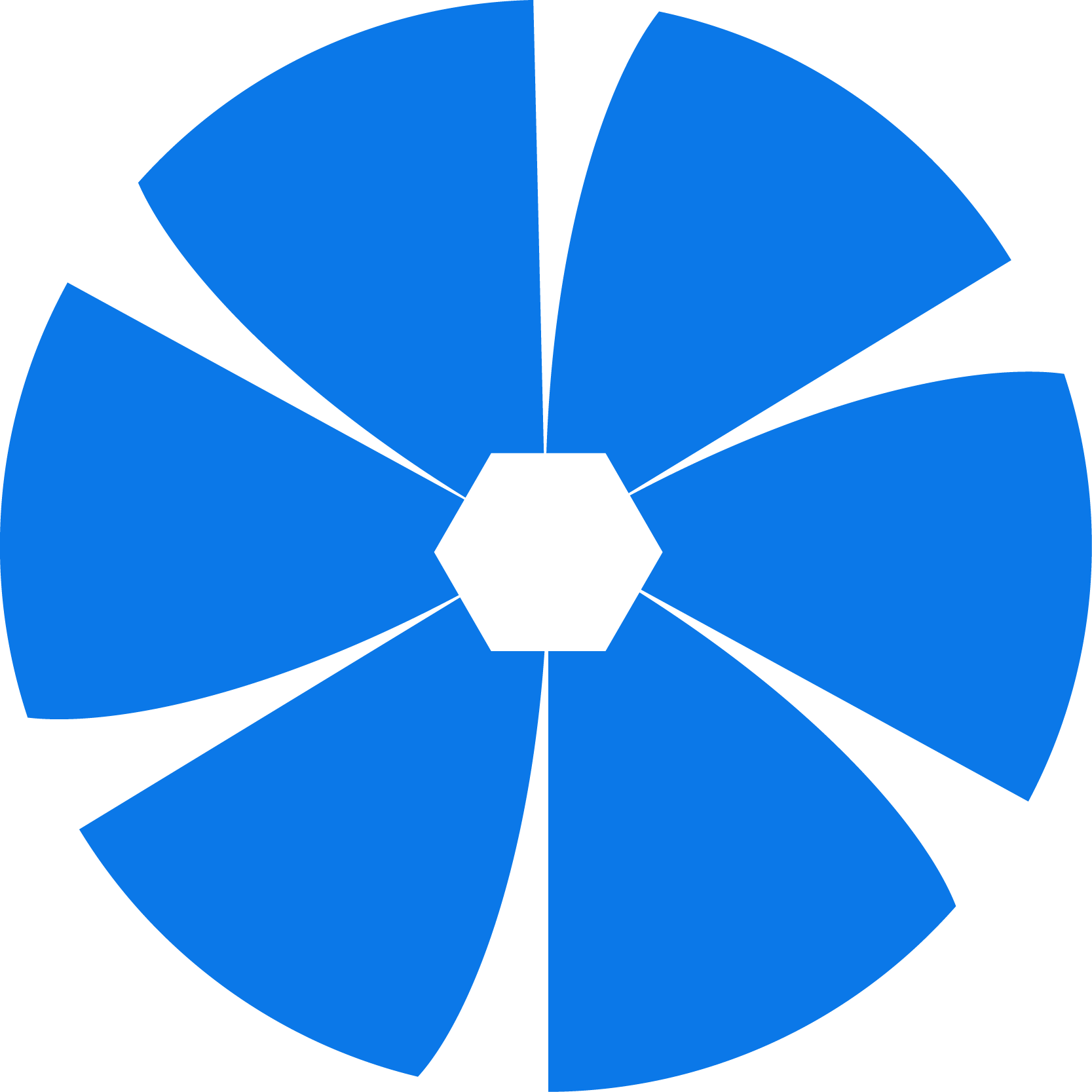 A stylized fan or flower shape with eight blue petals surrounding a white hexagon in the center.