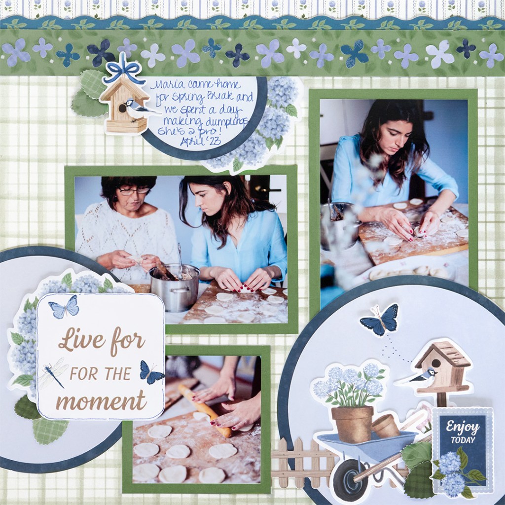A scrapbook layout featuring a series of photos showing two women making dumplings together. One woman is mixing ingredients in a pot, while the other is rolling out dough on a floured surface. Decorative elements include floral patterns, butterflies, and handwritten notes.