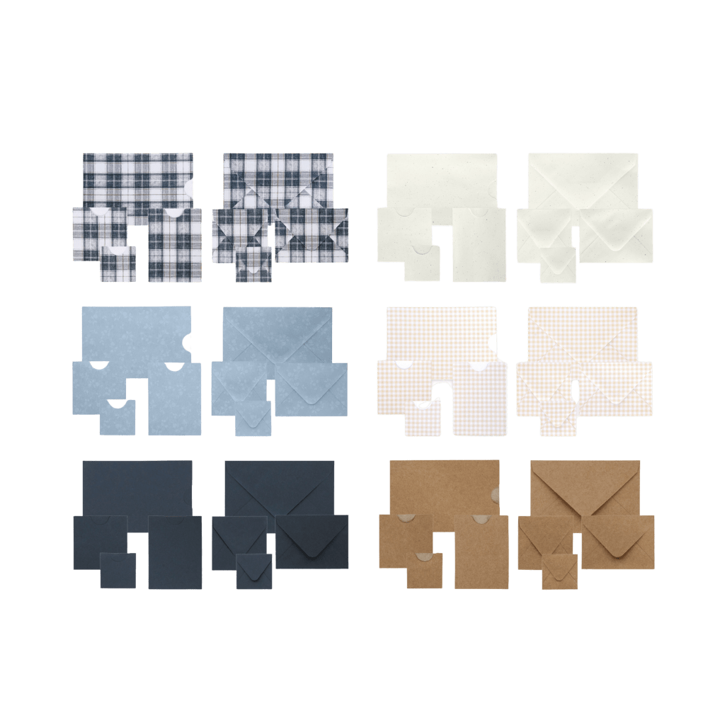 Collection of patterned and solid envelopes in various sizes and colors arranged in a grid layout.