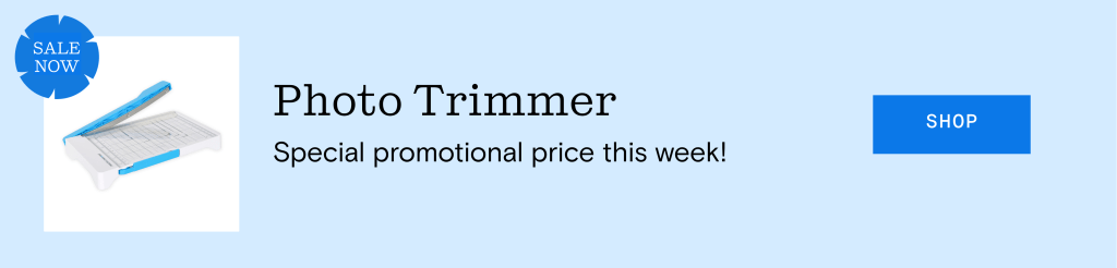 Promotional image for a photo trimmer showing the product with a blue accent, highlighting a special price offer.