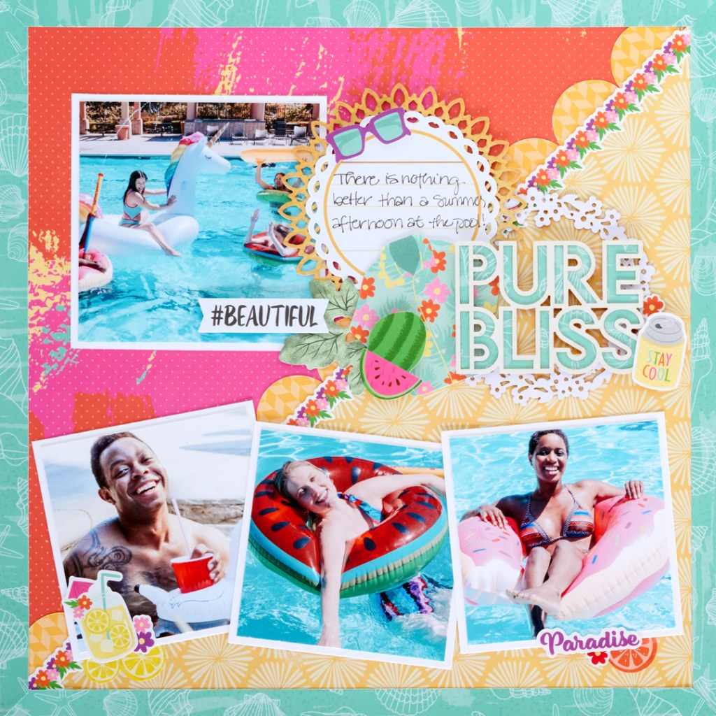 A colorful scrapbook layout featuring multiple photos of people enjoying a summer afternoon at a pool. One photo shows a child riding a unicorn float, while others display adults relaxing on floaties, smiling, and having fun. The page includes decorative elements like tropical motifs, captions, and embellishments.