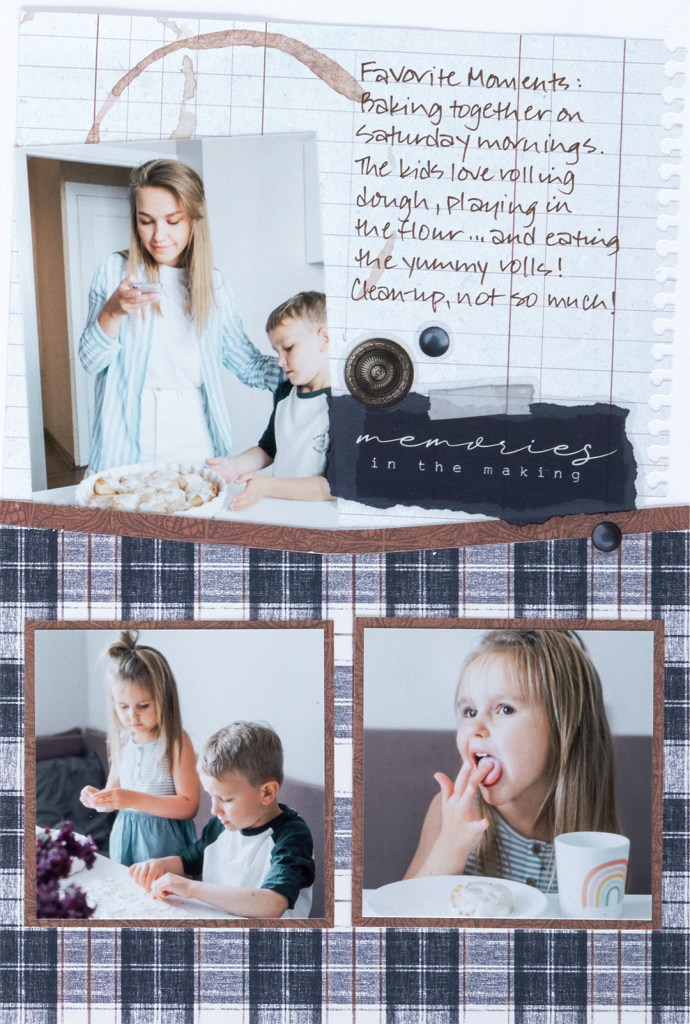A collage of family baking moments featuring a woman and two children in a kitchen, enjoying the process of making and eating treats, with handwritten notes describing their activities.