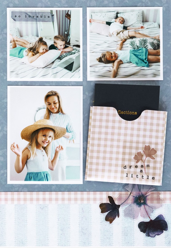 Collage of four photos featuring children and a mother; top left shows two children using a laptop, top right shows a boy lying on a bed, bottom left shows a smiling mother wearing a hat, and bottom right features a joyful girl in a blue dress. Decorative elements include text reading 'so lovable' and 'dream a little' along with floral accents.