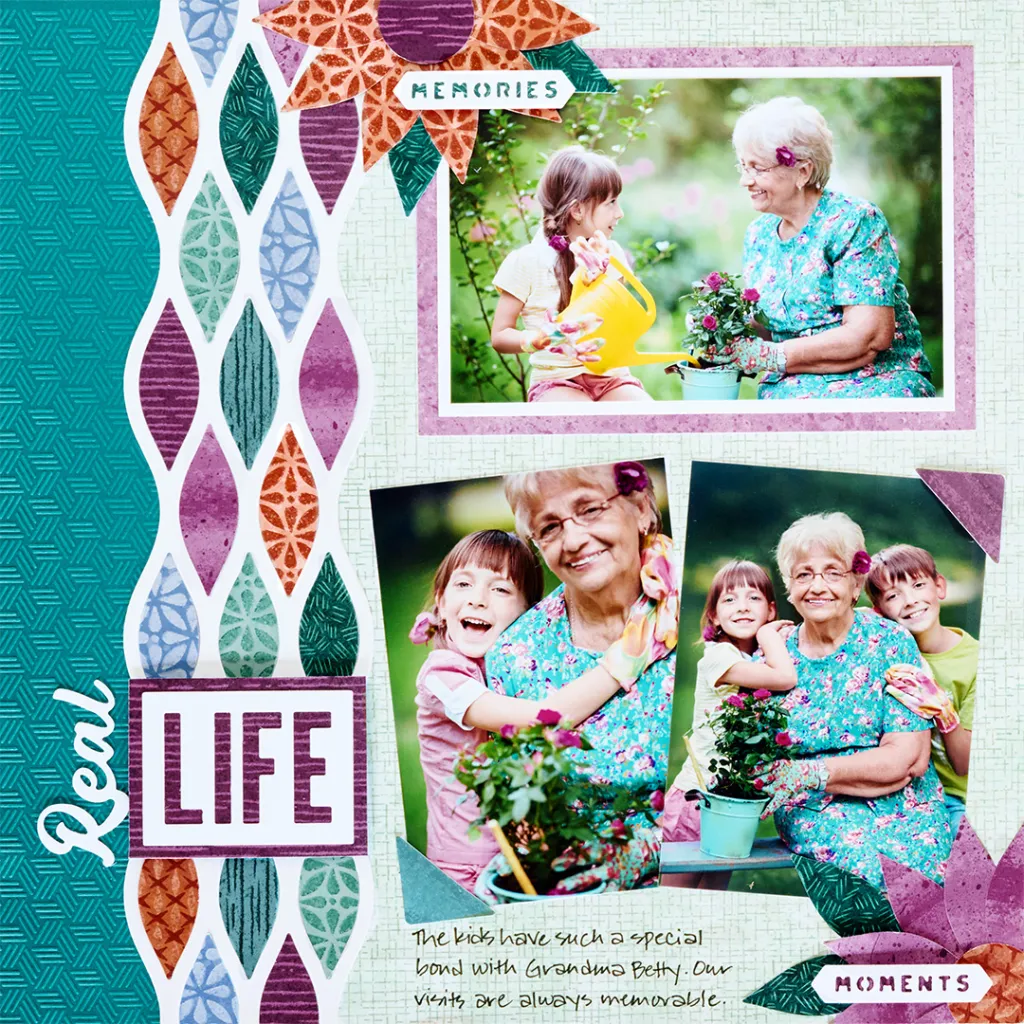 A scrapbook page featuring three photos of children with their grandmother, highlighting their special bond. The background includes colorful patterns and text elements labeled 'Real Life', 'Memories', and 'Moments'.