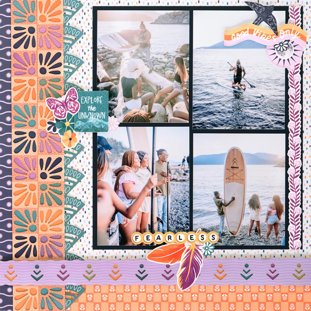 A colorful scrapbook layout featuring four photos of people engaging in outdoor activities by the water, including paddleboarding and socializing on the beach. Decorative elements include floral patterns and phrases like 'Explore the Unknown' and 'Good Vibes Only'.