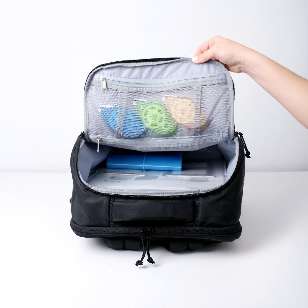 A black backpack with an open top revealing organized compartments. The upper section contains a mesh pocket with colorful rounded objects, while the lower section shows blue and transparent storage containers.