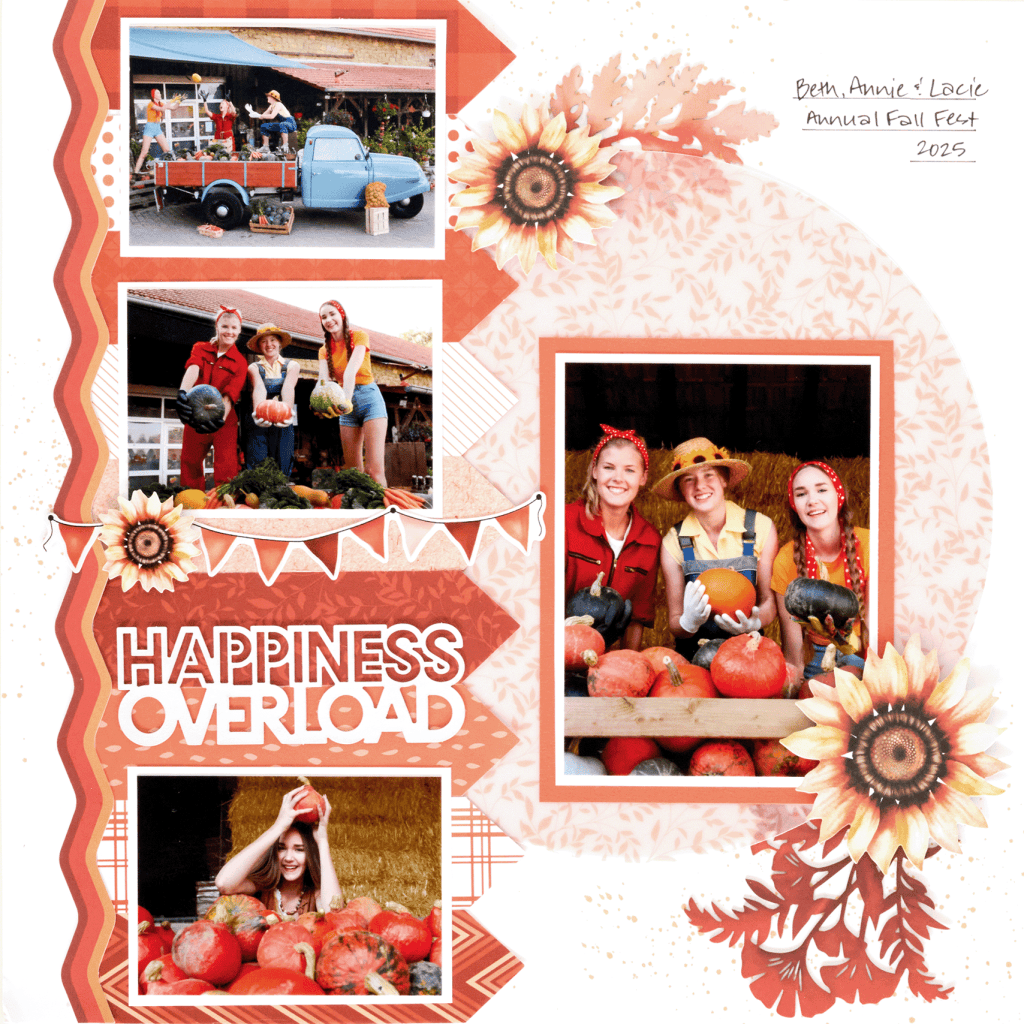 A colorful scrapbook layout featuring various photos from an annual fall festival. Includes images of a blue truck, people posing with pumpkins and vegetables, and a banner that reads 'Happiness Overload'. Sunflowers and autumn-themed decorations are integrated into the design.