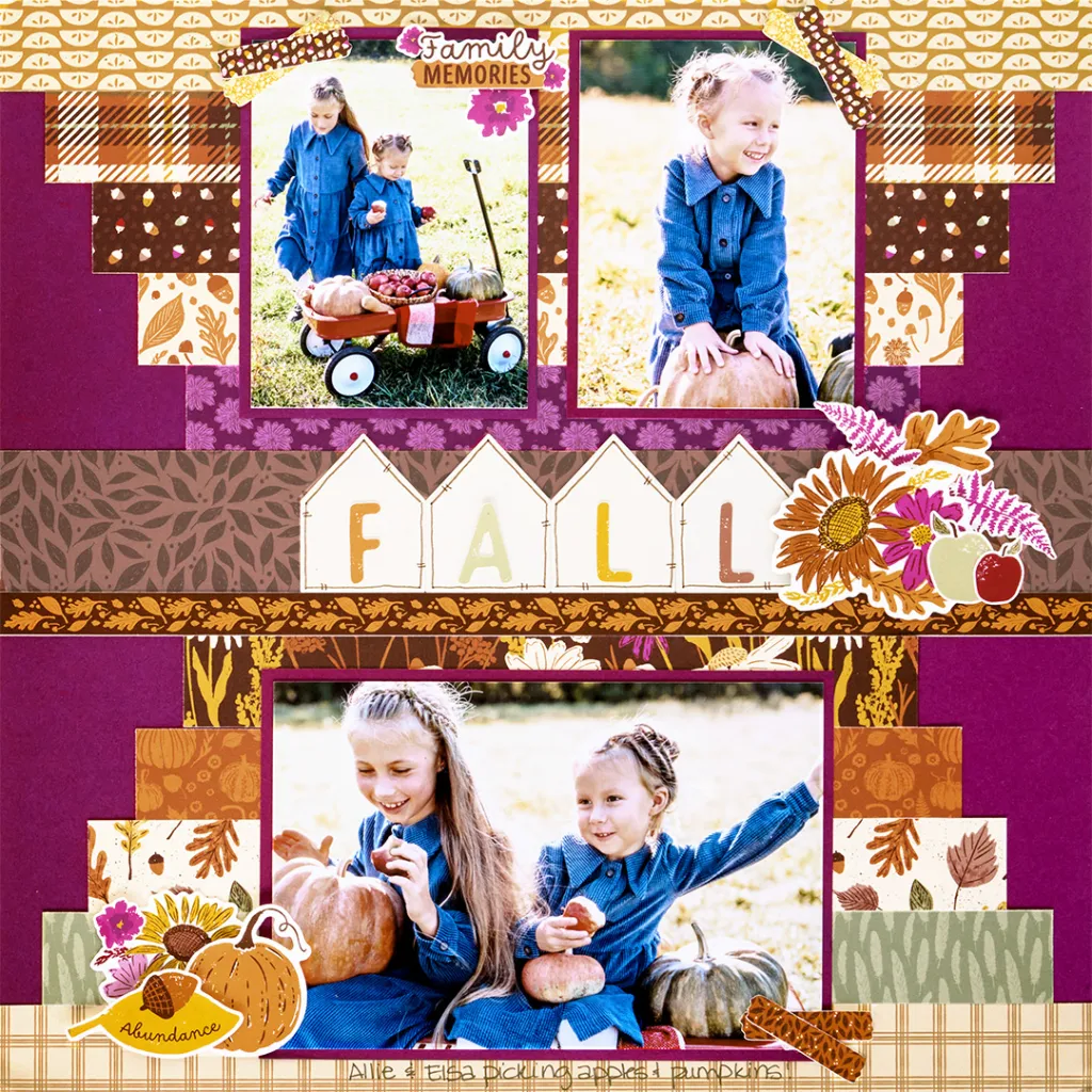 A scrapbook page featuring two photos of children enjoying autumn activities, such as picking apples and pumpkins. The top photos show two girls with a wagon of apples and pumpkins, while the bottom photo depicts two girls sitting with pumpkins. The page is decorated with fall-themed patterns and colors, with the word 'FALL' prominently displayed.
