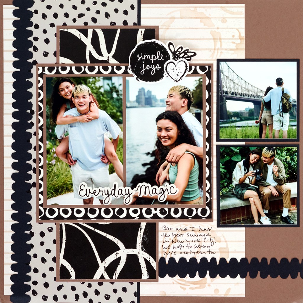 A scrapbook-style layout featuring two photos of young adults enjoying time together in a city setting. One photo shows a person giving a piggyback ride, while another depicts two people holding hands by a river. The layout includes decorative borders and handwritten notes.