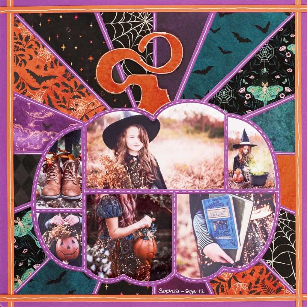 A vibrant scrapbook layout featuring a collage of photos of a young girl named Sophia, age 12, dressed in a witch costume. The background is decorated with Halloween-themed patterns, including pumpkins, bats, and spider webs.