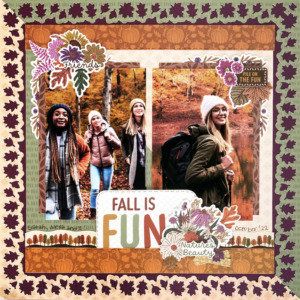A scrapbook layout featuring two photos of three friends enjoying the autumn season, surrounded by fall foliage. The images have playful floral decorations and the text 'FALL IS FUN' prominently displayed.