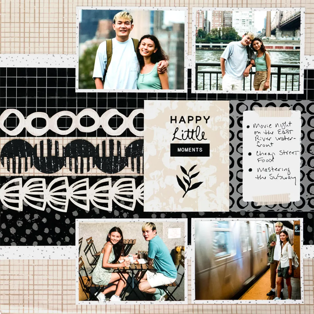 A collage featuring two photographs of a young couple by the waterfront, accompanied by other images of them enjoying a meal at a cafe and riding the subway. The layout includes decorative elements and text highlighting joyful moments.