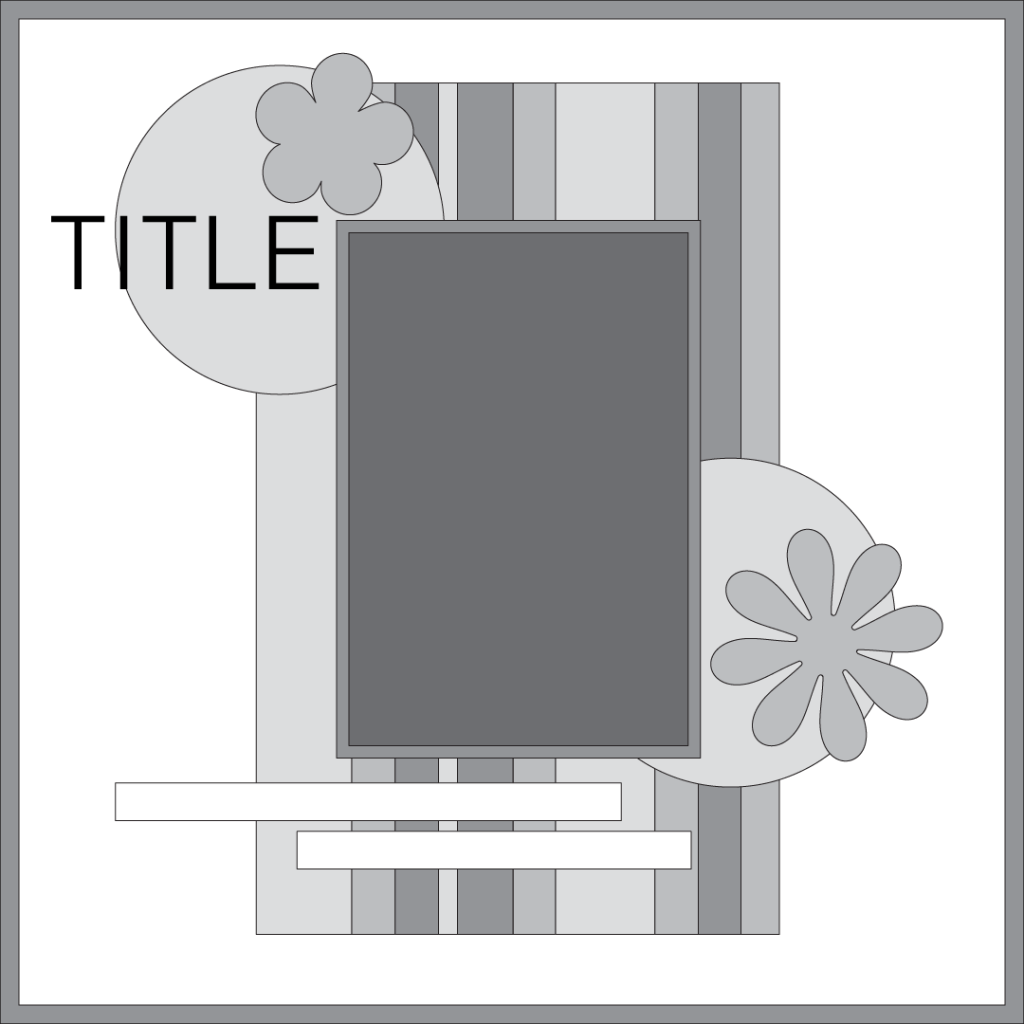 A monochromatic design featuring a title at the top left, abstract floral shapes, and a central rectangular placeholder for content, surrounded by striped and solid background elements.