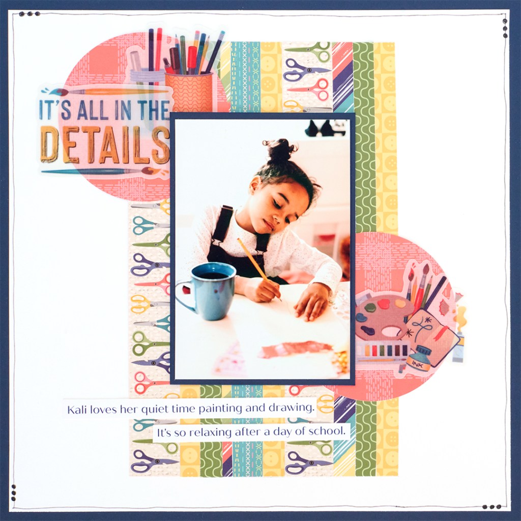 A young girl focused on painting and drawing, sitting at a table with a blue cup beside her. The background features colorful patterns and art supplies.