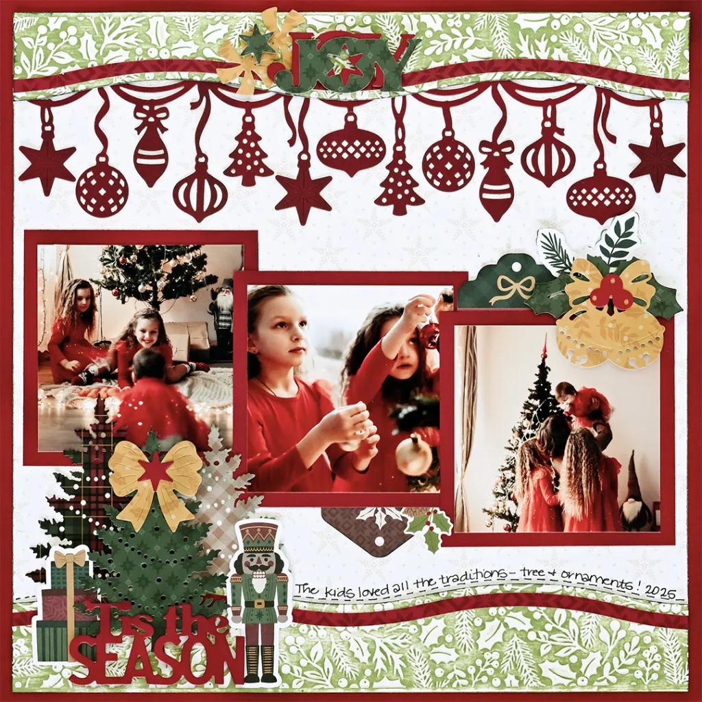 A festive scrapbook layout featuring kids in red outfits enjoying Christmas traditions. The page includes decorated images of children decorating a Christmas tree, with ornaments and holiday-themed embellishments.