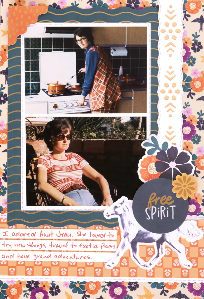 A collage featuring two retro photographs. The top image shows a woman cooking in a kitchen, wearing a plaid apron. The bottom image depicts a woman relaxing outdoors in sunglasses and a striped shirt. The background is decorated with floral patterns and text highlighting admiration for 'Aunt Jean' and her adventurous spirit.