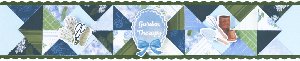 A 12-inch scrapbook border of blue and green designer paper triangles on light blue cardstock with a scalloped green edge, a Garden Therapy sticker and gardening tool stickers.