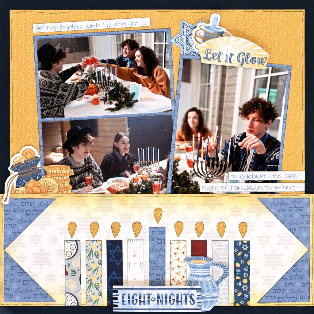 Collage of two photos celebrating Hanukkah with friends. The top photo shows three people toasting with drinks at a festive table, while the bottom photo features two people sitting at a table with a menorah and food, adorned with decorative elements and text detailing the celebration.