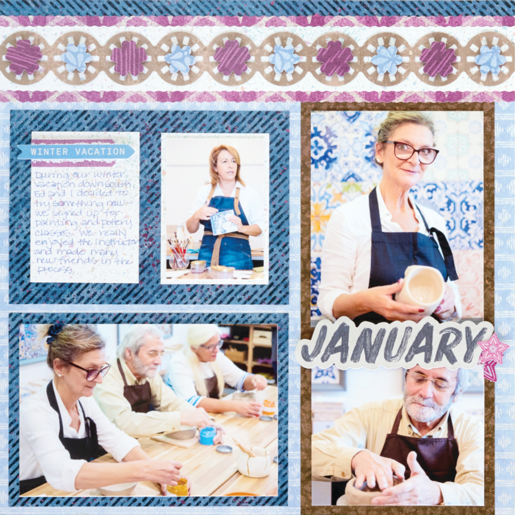 A scrapbook page titled 'Winter Vacation' featuring photos of adults engaged in pottery and painting classes. Images show participants working on their projects and enjoying the creative process, with decorative elements highlighting the theme.