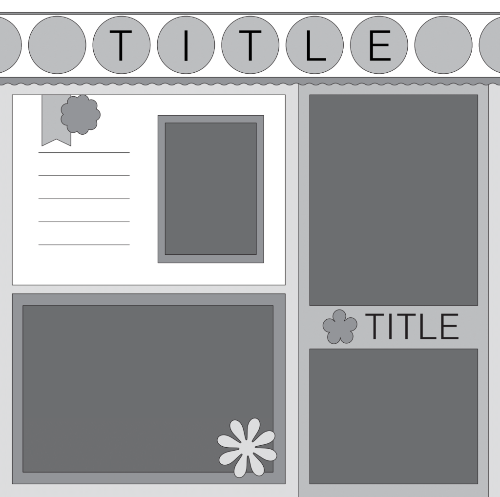 A blank template designed for a scrapbook or layout, featuring sections for titles, images, and text. The layout includes decorative elements such as flowers and a banner.