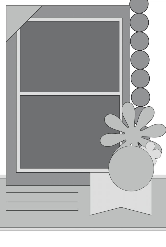 A gray-themed graphic design featuring a two-photo layout with decorative elements like a rounded shape, a splash design, and text area at the bottom.