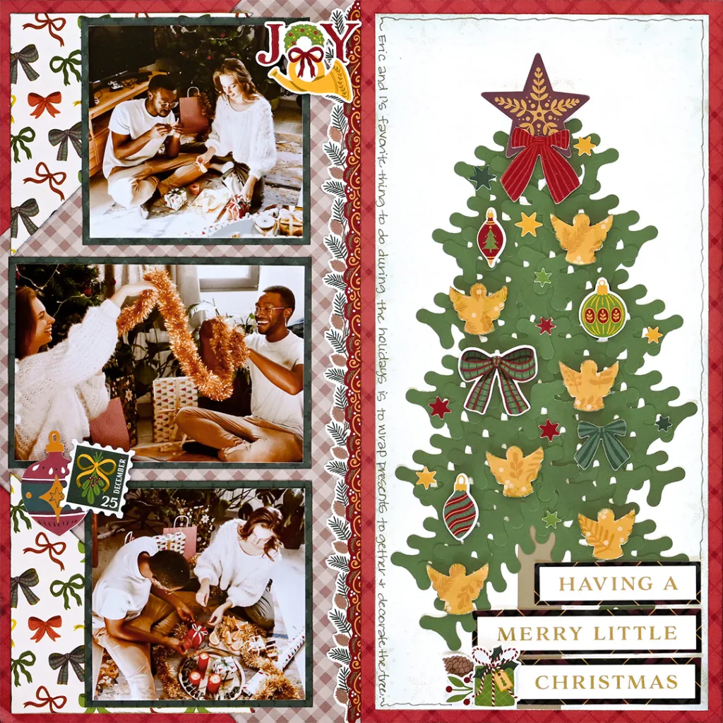 A festive scrapbook page with holiday images showing two people joyfully wrapping gifts and decorating a tree, featuring a decorated Christmas tree graphic and the text 'HAVING A MERRY LITTLE CHRISTMAS'.