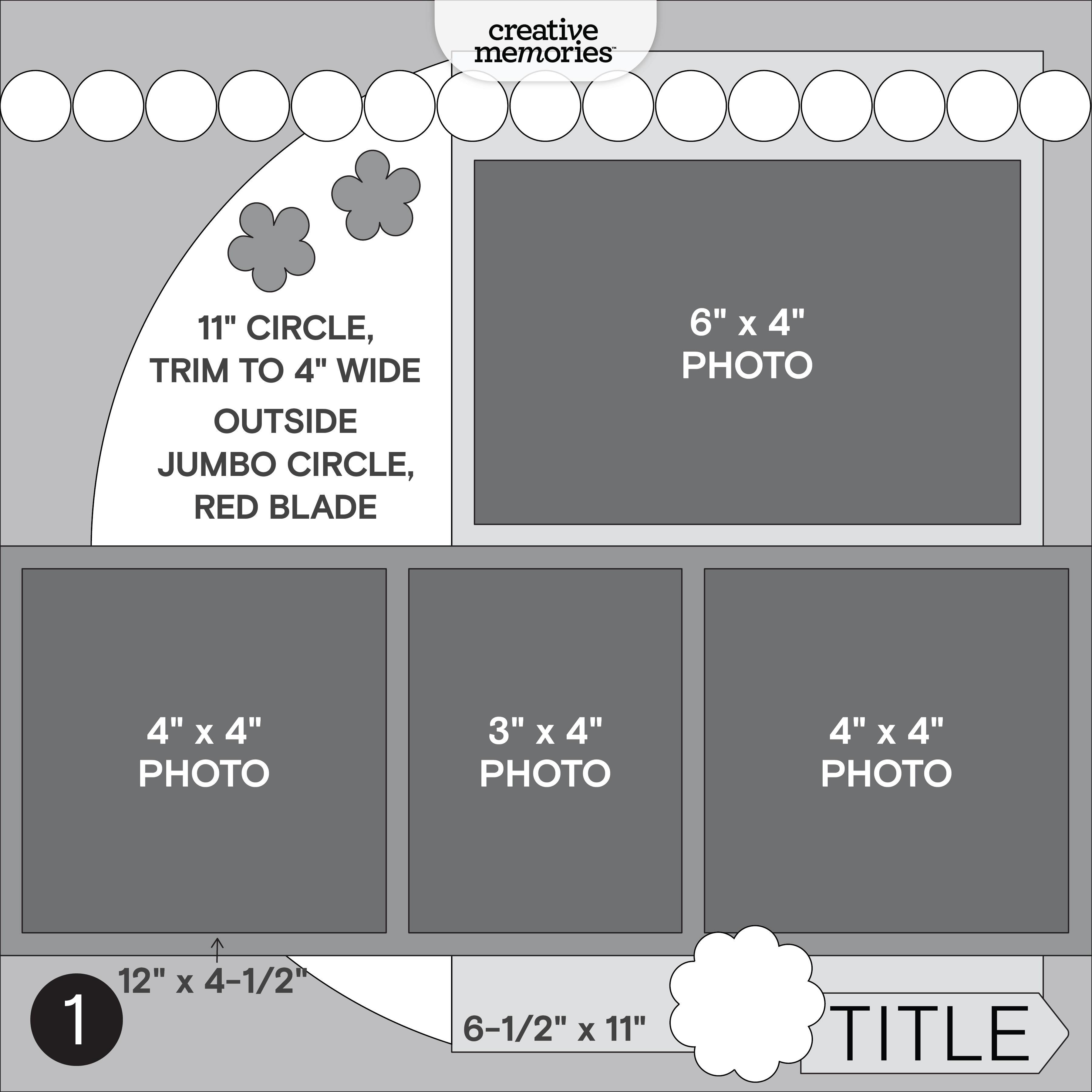 A layout guide for a scrapbook page design featuring photo sizes and dimensions, including sections for an 11-inch circle, a 6x4 inch photo, and multiple smaller photos with labels for each size.