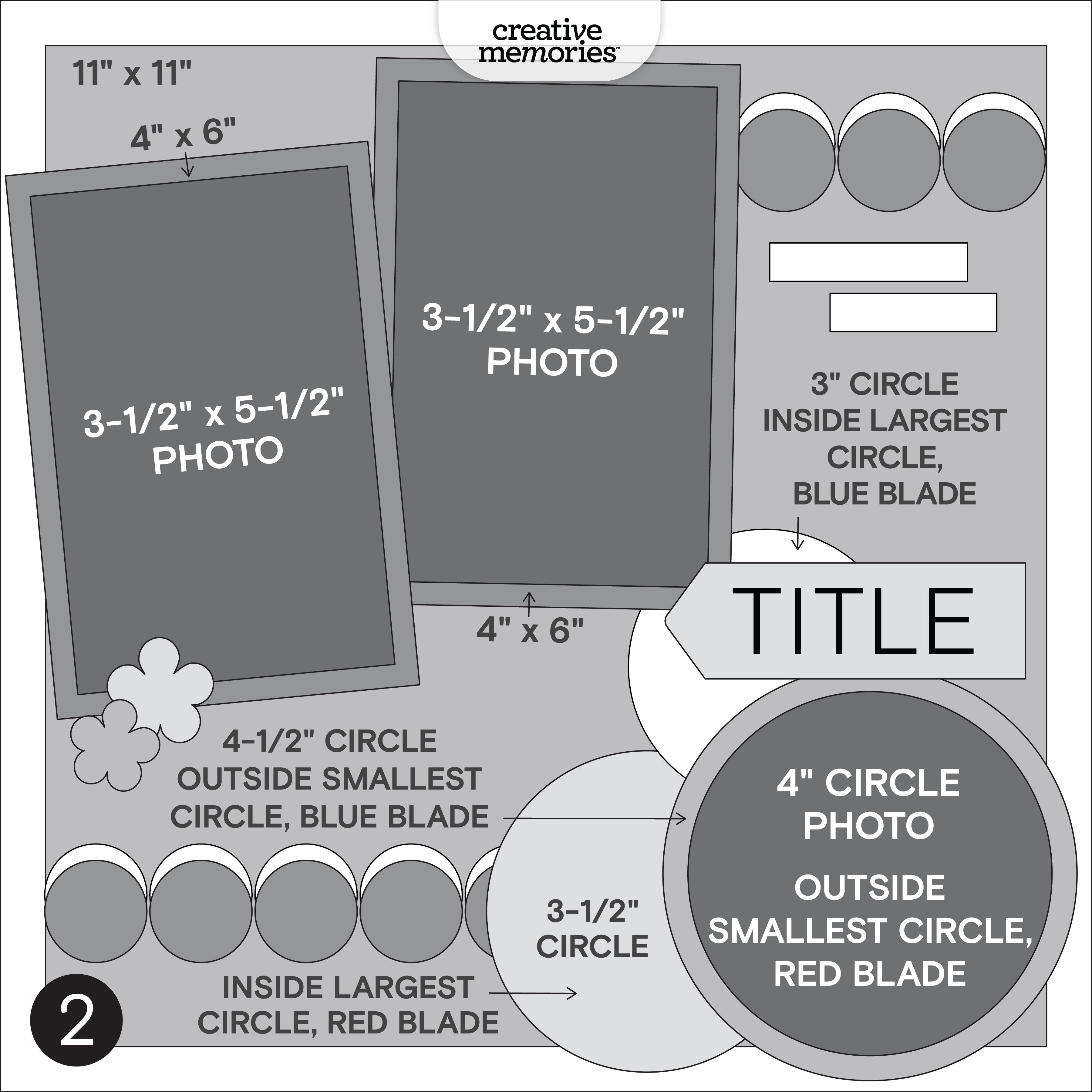 Design layout for a scrapbook page featuring various photo sizes and decorative shapes, including circles and a title space.