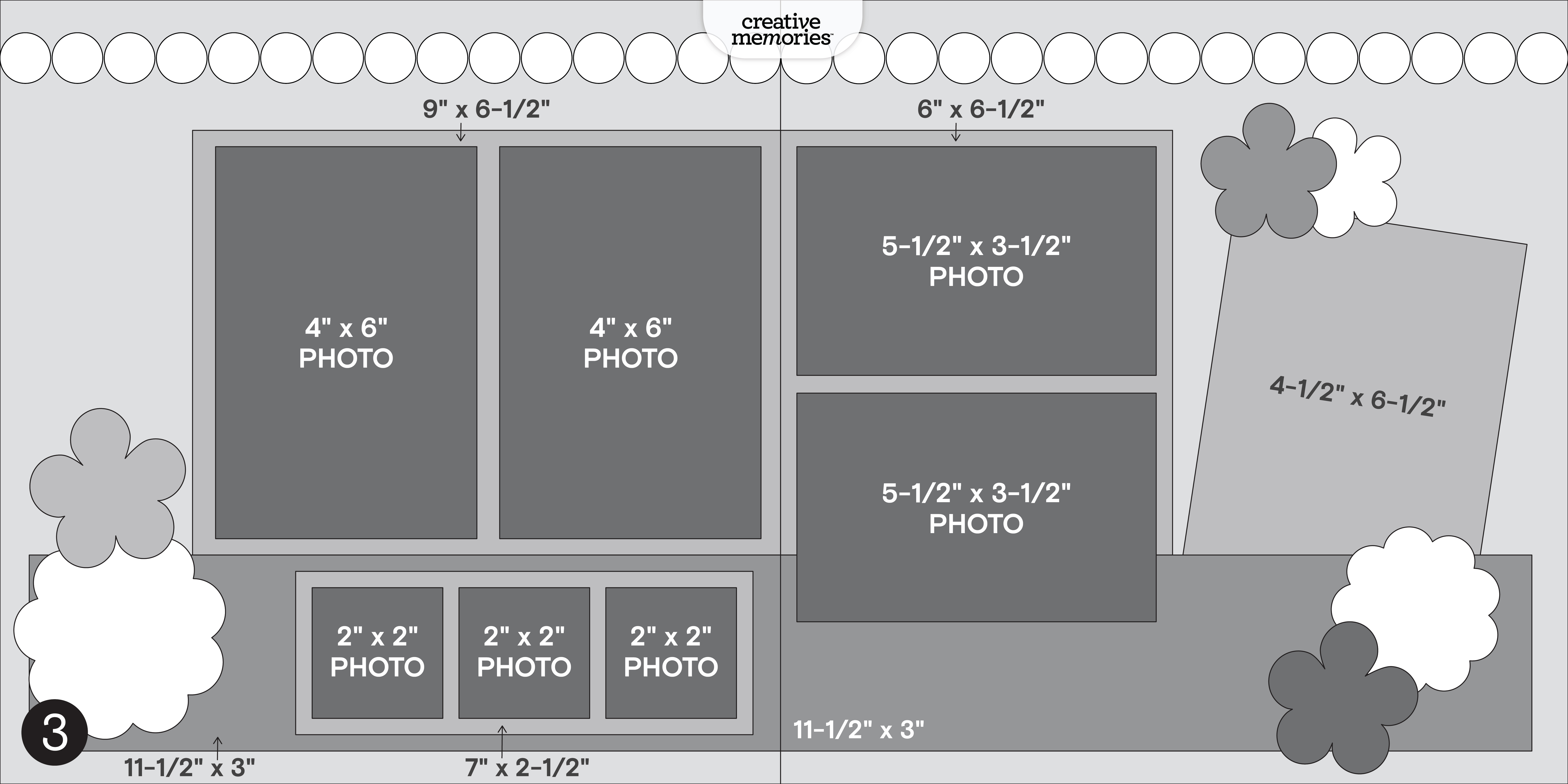 A layout diagram for photo arrangement featuring various sizes of photo placeholders and decorative elements. Includes three sections with specified dimensions for photos measuring 4x6 inches, 2x2 inches, and 5.5x3.5 inches, along with decorative shapes.