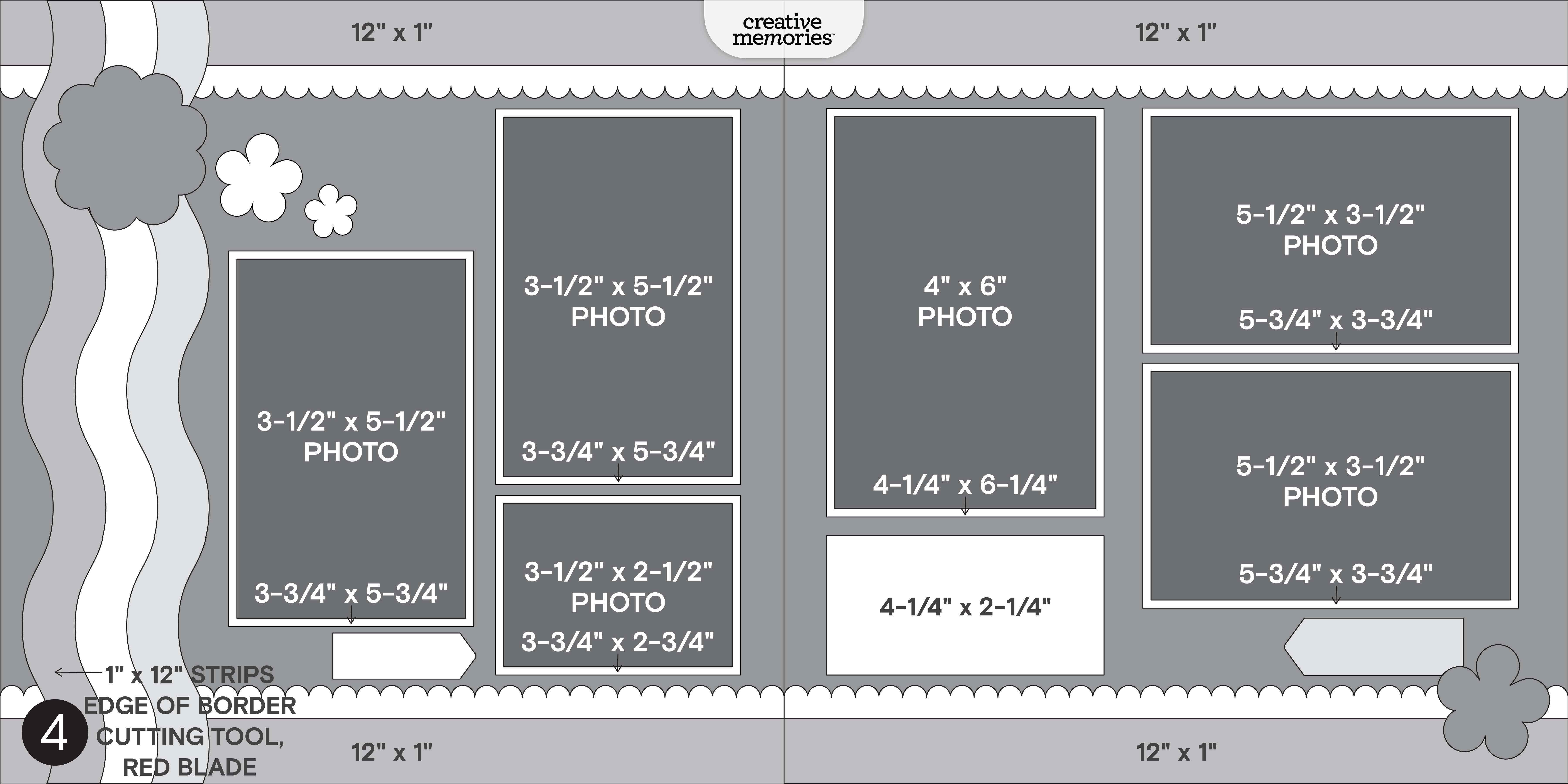A layout design for scrapbook photos featuring various photo sizes, including 3-1/2" x 5-1/2", 4" x 6", and 5-1/2" x 3-1/2". It includes floral elements and instructions for cutting and arranging photos.