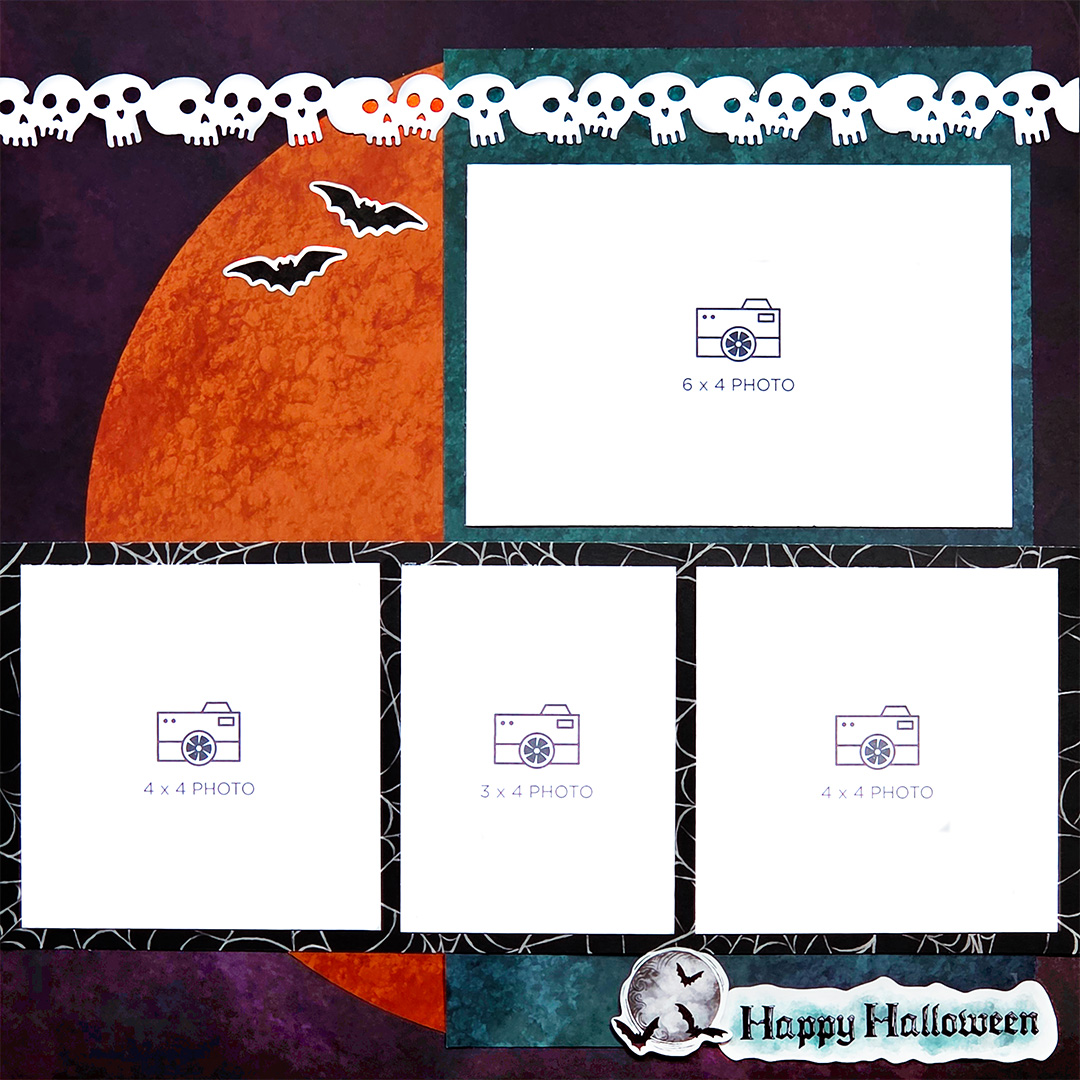 Halloween-themed photo frame layout featuring spaces for four photos of varying sizes, decorated with bats and skulls, on a vibrant purple and orange background.