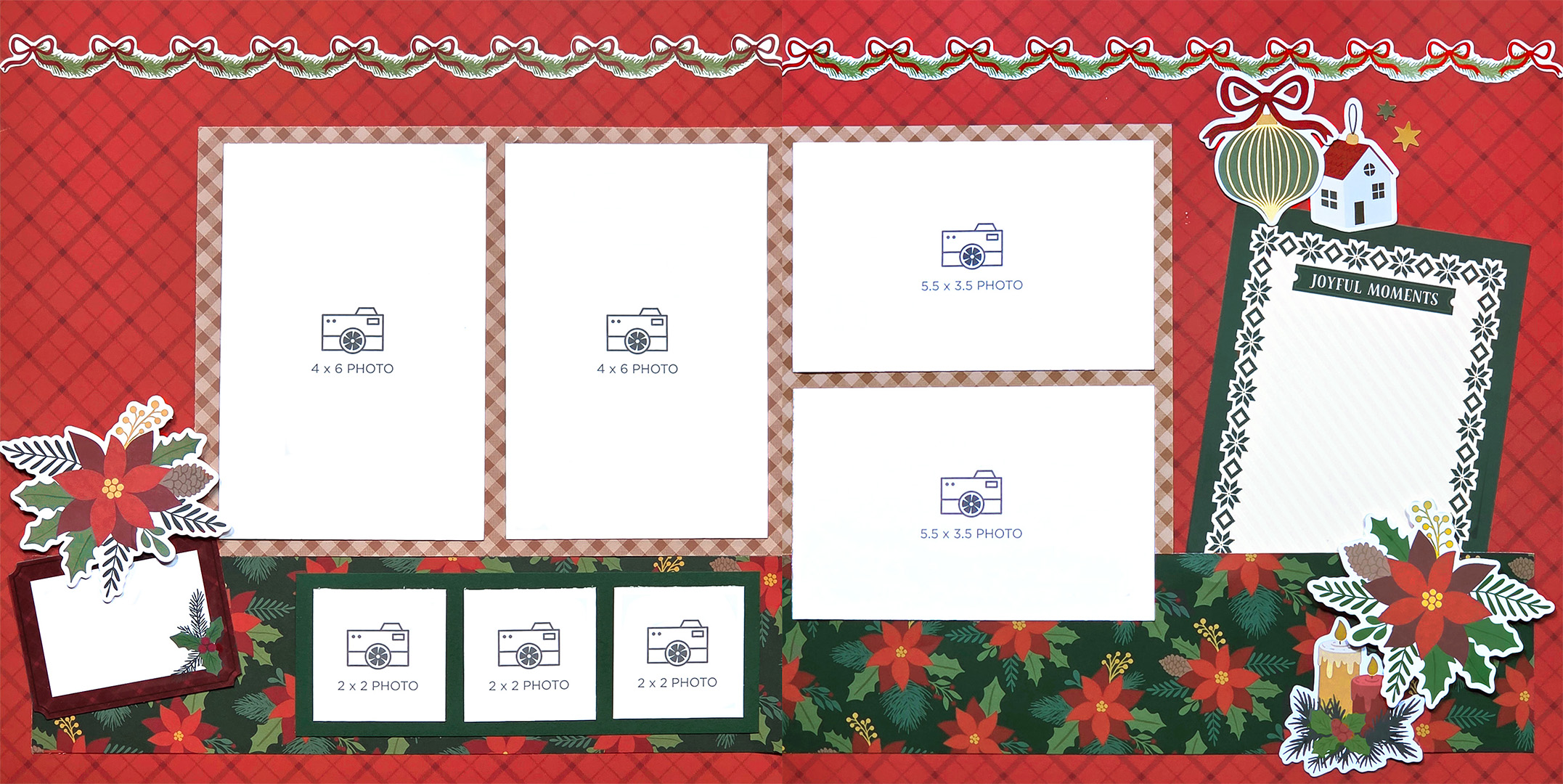 A festive scrapbook layout with red and green patterns, featuring designated photo spaces labeled for 4x6 and 2x2 photos, adorned with holiday decorations including poinsettias, a decorative house, and a candle.