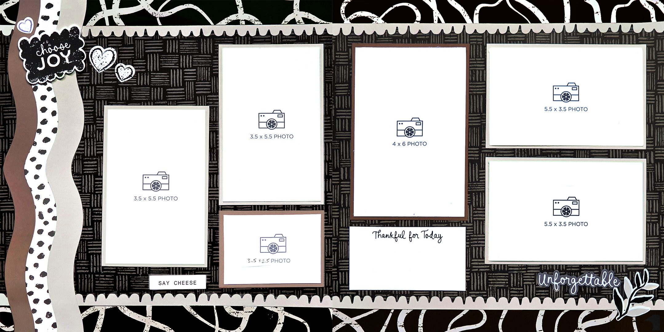A decorative photo collage template with multiple frames for different photo sizes, featuring a black and white design, colorful wavy borders, and text elements like 'Choose Joy' and 'Thankful for Today'.